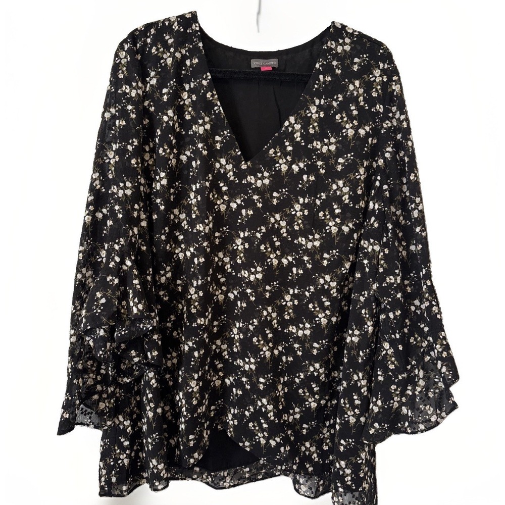 Vince Camuto V-Neck Blouse Ruffled Bell Sleeve Floral Black 2X Plus